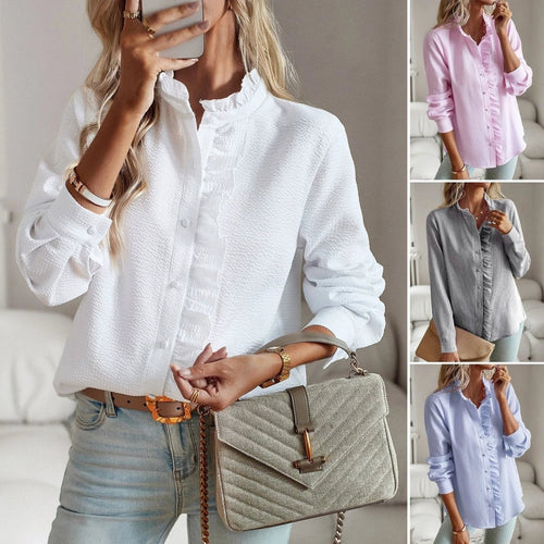 Ancient Energy striped long sleeve women's blouse with ruffle design, button-up, casual and office-appropriate for elegant commuting style.