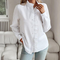 Ancient Energy striped long sleeve shirt for women with ruffle detail, button-up casual blouse suitable for office and commuting.