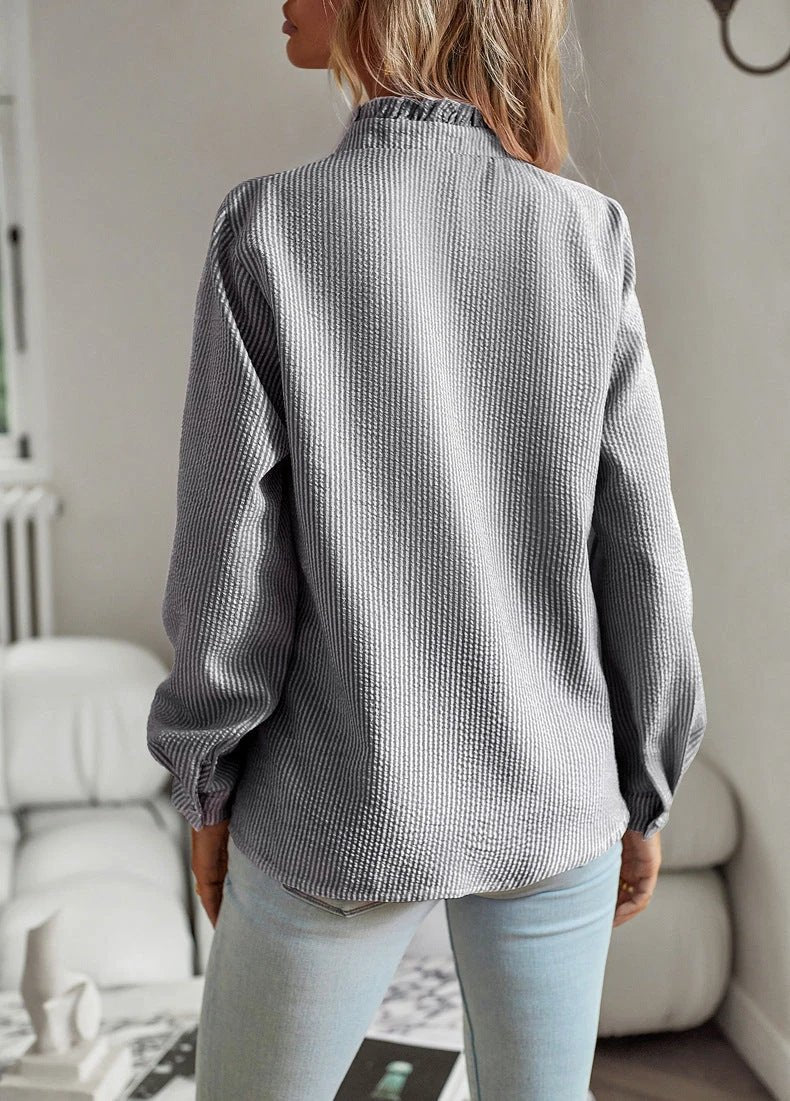 Ancient Energy women's striped long sleeve blouse with ruffle details, button-up design, suitable for casual office and commuting wear.