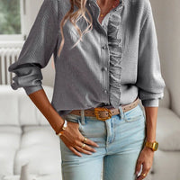 Ancient Energy striped long sleeve women's blouse with ruffle detail, button-up front, casual office wear, elegant commuting top.