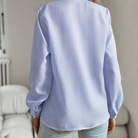 Ancient Energy striped long sleeve women's blouse with ruffle design, button-up front, suitable for casual office or commuting.