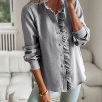 Ancient Energy women's striped long sleeve shirt with ruffle design, button-up casual blouse for office and commuting.