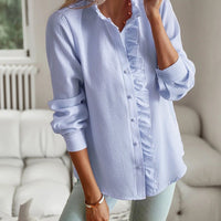 Elegant striped long sleeve women's blouse with ruffle details, button-up front, suitable for casual, office, and commuting wear.