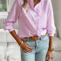 Ancient Energy striped long sleeve shirt with ruffle design, button-up casual office blouse for women, elegant commuting clothing.