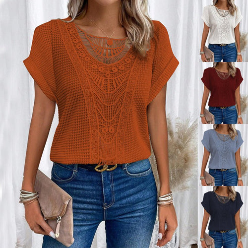 Ancient Energy women's summer short-sleeved T-shirt with ethnic hollow-out design, casual fashion top for warm weather.
