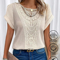 Ancient Energy women's summer short-sleeved T-shirt with hollow-out ethnic style design, casual top for warm weather.
