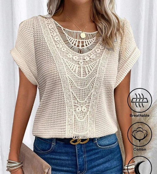 Ancient Energy women's summer short-sleeved T-shirt with hollow-out ethnic style design, casual top for warm weather.