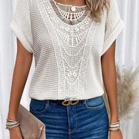 Ancient Energy women's summer short-sleeved T-shirt with hollow-out ethnic style design, casual fashion top.