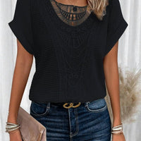 Ancient Energy women's summer hollow-out short-sleeved T-shirt with ethnic style, lightweight casual top for warm weather.