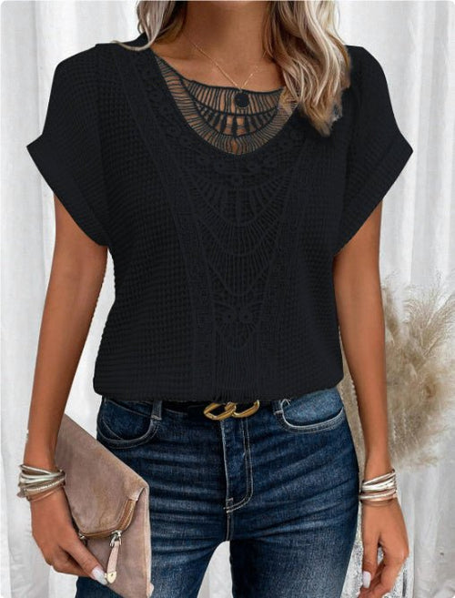 Ancient Energy women's summer hollow-out short-sleeved T-shirt with ethnic style, lightweight casual top for warm weather.