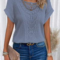 Ancient Energy women's summer short-sleeved T-shirt with hollow-out ethnic style design, casual fashion top for warm weather.