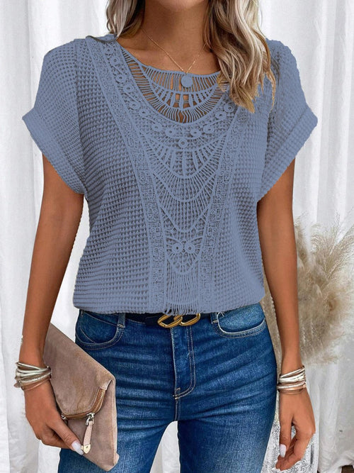 Ancient Energy women's summer short-sleeved T-shirt with hollow-out ethnic style design, casual fashion top for warm weather.