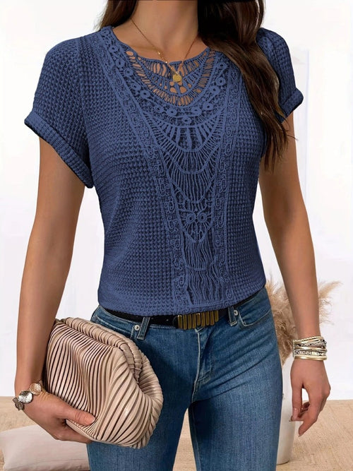 Ancient Energy women's short-sleeved summer T-shirt with hollow-out ethnic-style design, casual fashion top for women.