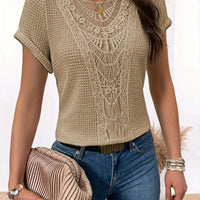 Ancient Energy women's summer short-sleeved T-shirt with hollow-out design and ethnic style, lightweight and casual top.