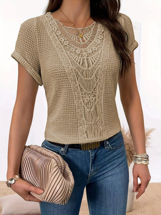 Ancient Energy women's summer short-sleeved T-shirt with hollow-out design and ethnic style, lightweight and casual top.