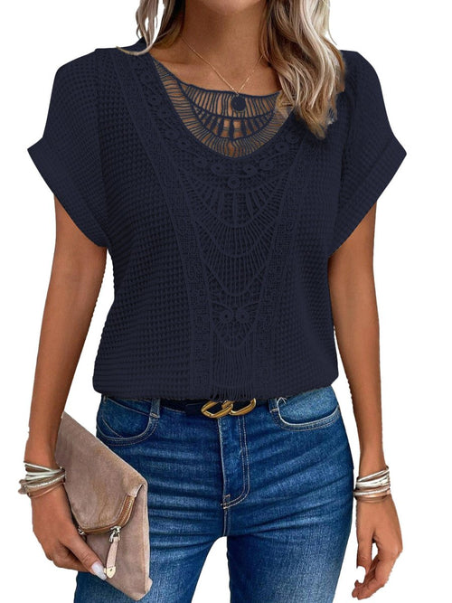 Ancient Energy women's short-sleeved summer T-shirt with hollow-out ethnic style design, casual fashion top.