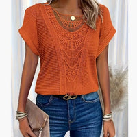 Ancient Energy women's summer hollow-out short-sleeved T-shirt with ethnic style design, casual fashion top for warm weather