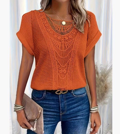 Ancient Energy women's summer hollow-out short-sleeved T-shirt with ethnic style design, casual fashion top for warm weather