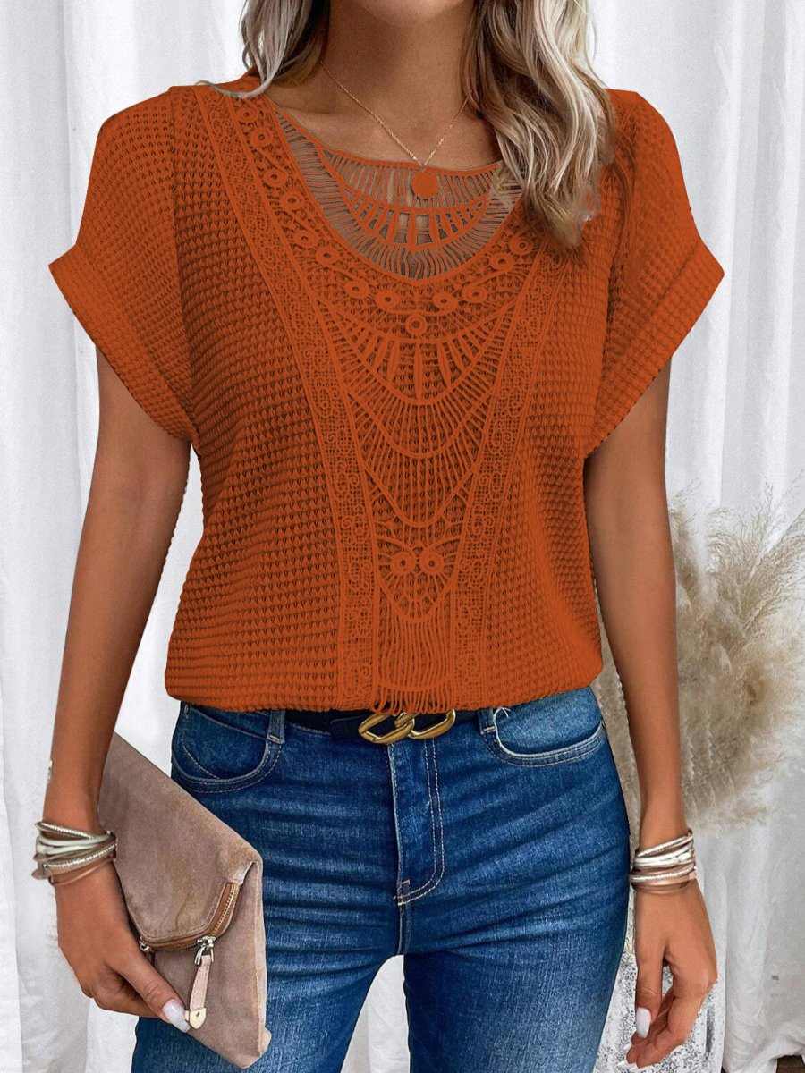 Ancient Energy women's short-sleeved T-shirt with summer hollow-out design and ethnic style, casual fashion top.