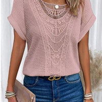 Ancient Energy women's summer hollow-out short-sleeved T-shirt with ethnic style design, lightweight casual top for warm weather.