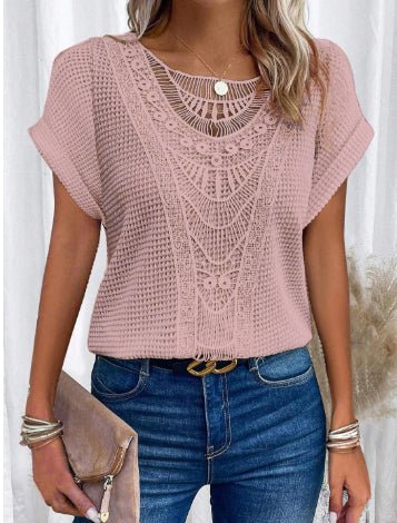 Ancient Energy women's summer hollow-out short-sleeved T-shirt with ethnic style design, lightweight casual top for warm weather.