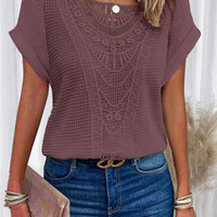 Ancient Energy women's summer short-sleeved T-shirt with hollow-out design and ethnic style, casual fashion top.