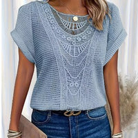 Ancient Energy women's summer short-sleeved T-shirt with hollow-out ethnic style design, casual fashion top for warm weather