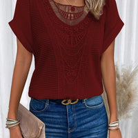 Ancient Energy women's summer short-sleeved T-shirt with hollow-out ethnic style design, casual fashion top for warm weather.