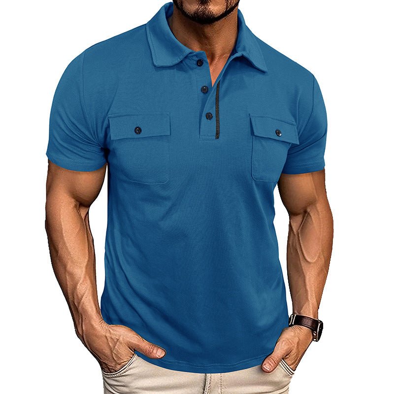 Ancient Energy men's summer polo shirt with lapel collar, button front, short sleeves, and pockets, ideal for outdoor fashion.