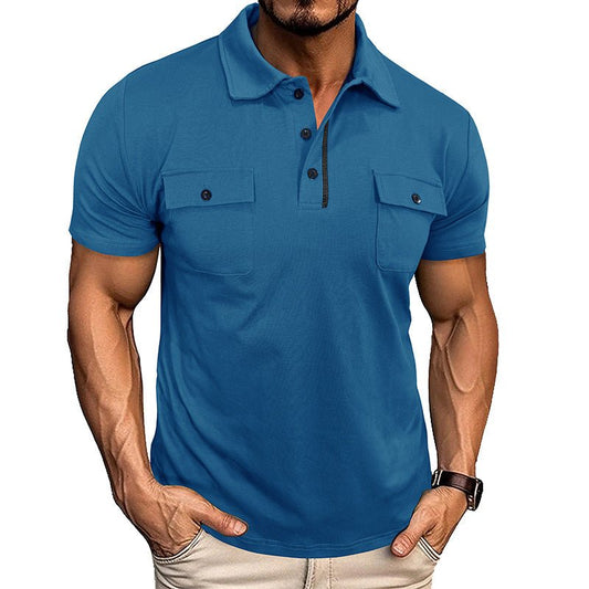 Ancient Energy men's summer polo shirt with lapel collar, button front, short sleeves, and pockets, ideal for outdoor fashion.