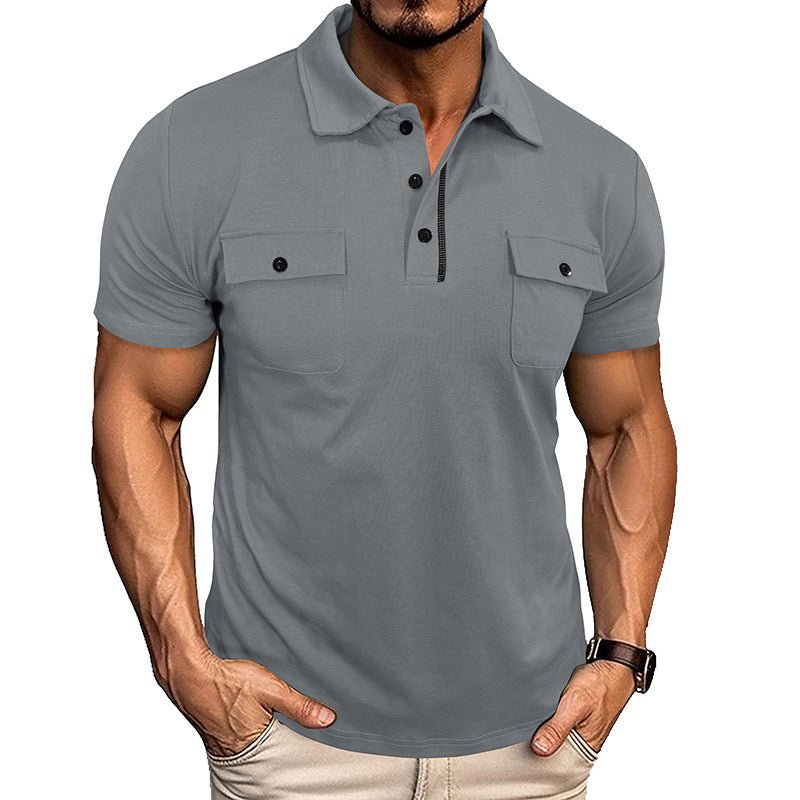 Ancient Energy men's summer polo shirt with lapel, button front, short sleeves, and pockets, ideal for outdoor casual wear.
