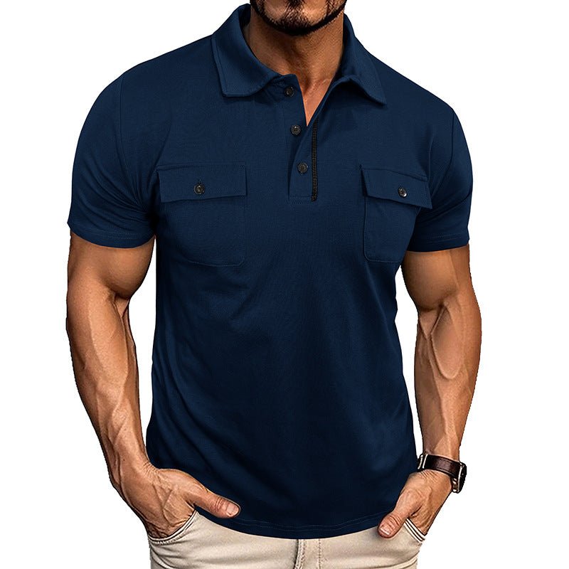 Men's Summer Polo Shirt by Ancient Energy featuring a lapel collar, button front, short sleeves, and chest pockets.