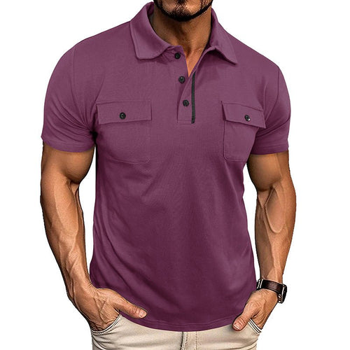 Ancient Energy men's summer polo shirt with lapel, button front, short sleeves, and chest pockets, ideal for outdoor fashion.
