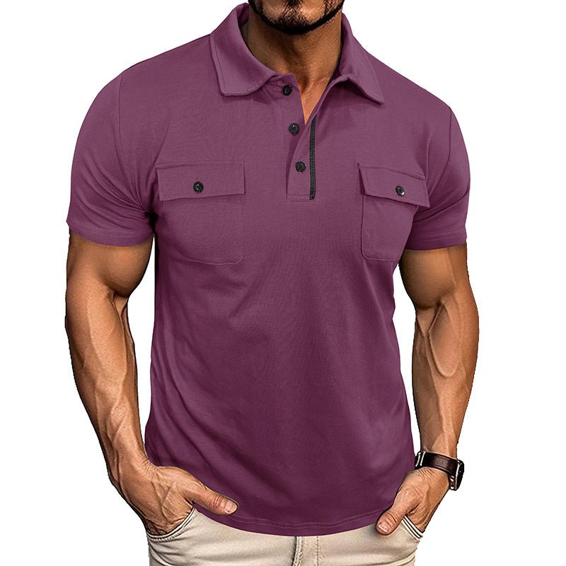 Ancient Energy men's summer polo shirt with lapel, button front, short sleeves, and chest pockets, ideal for outdoor fashion.