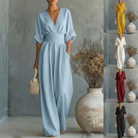 Ancient Energy women's summer short-sleeved jumpsuit with V-neck and wide-leg pants, casual fashion for warm weather.