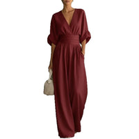 Ancient Energy women's summer short-sleeved jumpsuit with V-neck and wide-leg pants, casual fashion outfit.