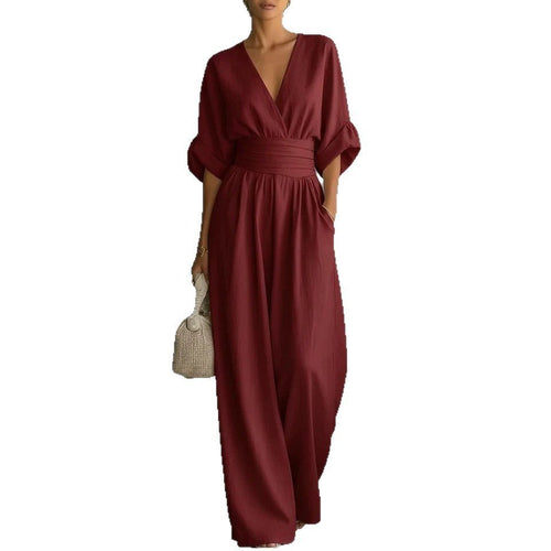 Ancient Energy women's summer short-sleeved jumpsuit with V-neck and wide-leg pants, casual fashion outfit.