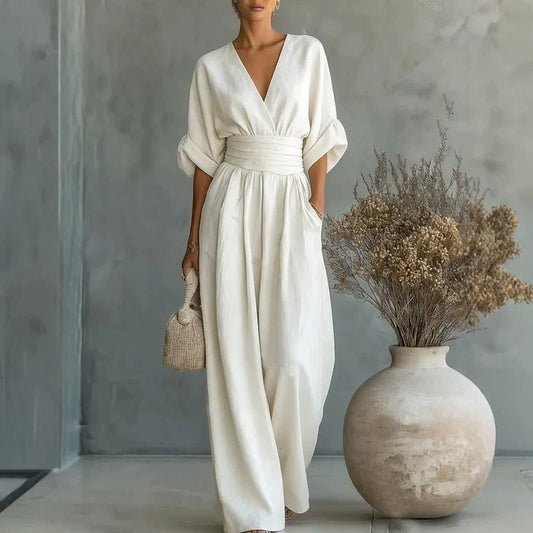 Ancient Energy women's summer short-sleeved jumpsuit with V-neck and wide-leg pants, casual fashion outfit displayed in the image.