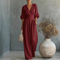 Ancient Energy women's summer short-sleeved jumpsuit with V-neck and wide-leg pants, casual fashion, lightweight and comfortable.
