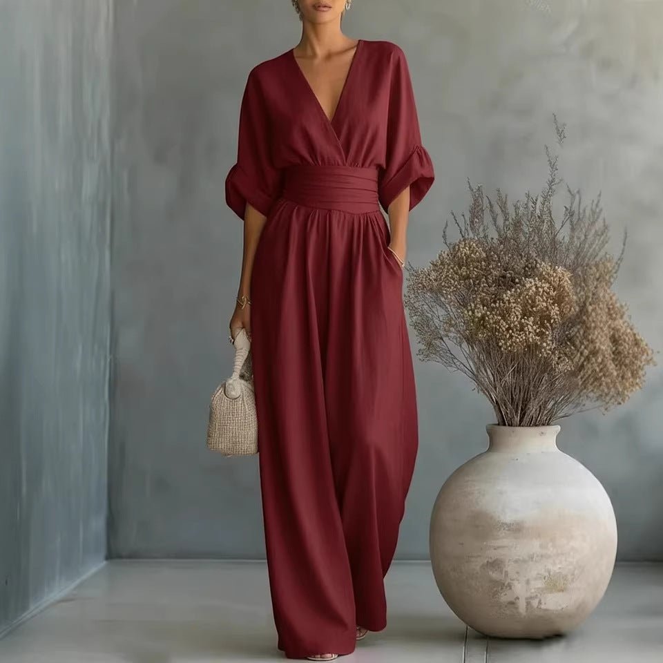 Ancient Energy women's summer short-sleeved jumpsuit with V-neck and wide-leg pants, casual fashion, lightweight and comfortable.