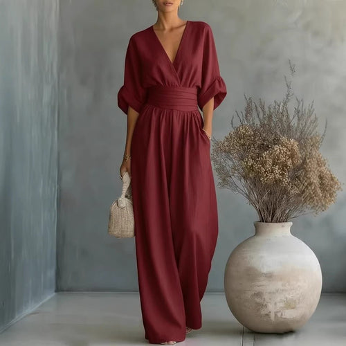 Ancient Energy women's summer short-sleeved jumpsuit with V-neck and wide-leg pants, casual fashion, lightweight and comfortable.