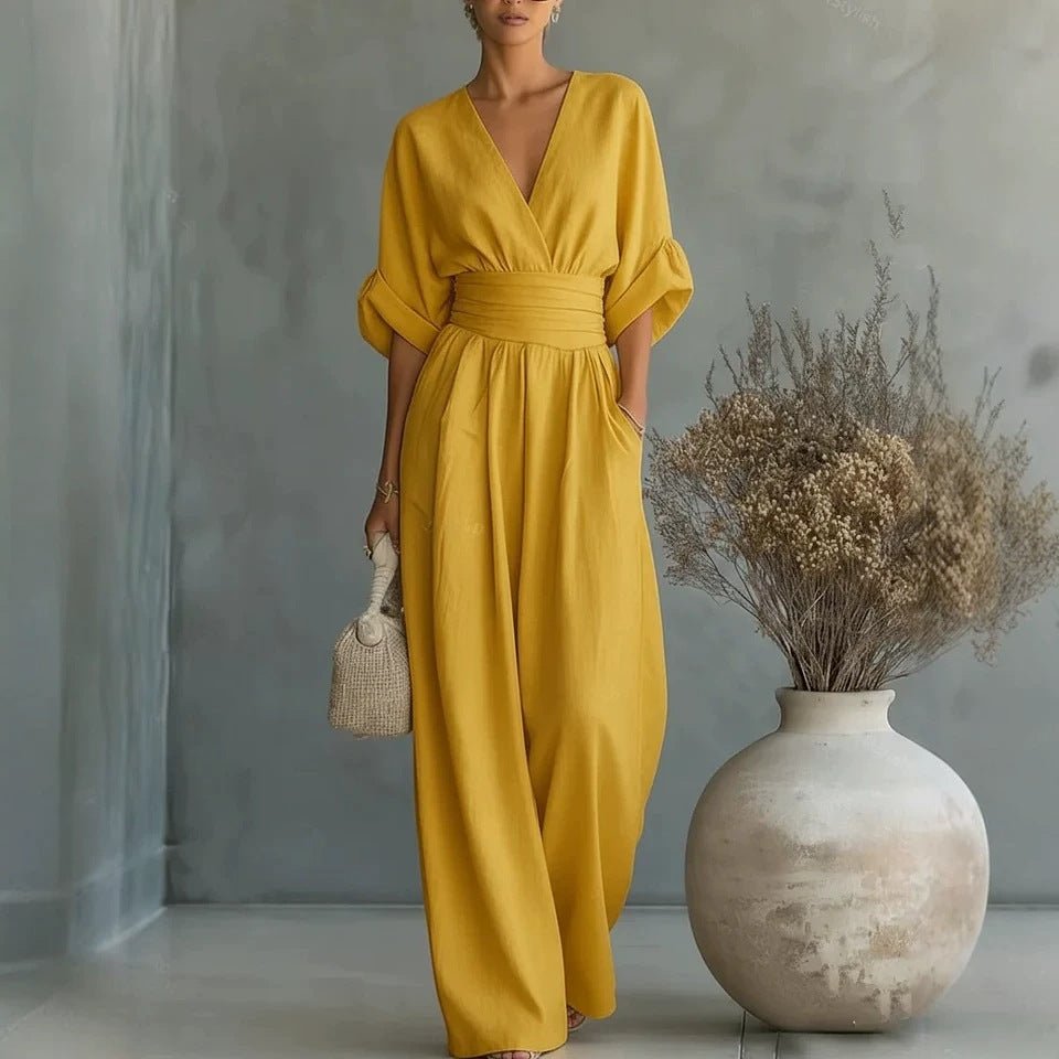 Ancient Energy women's summer short-sleeved jumpsuit with V-neck and wide-leg pants, casual fashion, lightweight and comfortable.