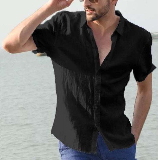 Men's summer short-sleeved casual button-up shirt from Ancient Energy, lightweight and comfortable men's clothing top.
