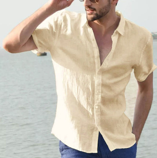 Men's summer short-sleeved casual button-up shirt by Ancient Energy, lightweight and comfortable for warm weather wear.