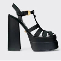 Ancient Energy summer thick high heels with fish mouth design, stylish European and US fashion footwear, black leather finish