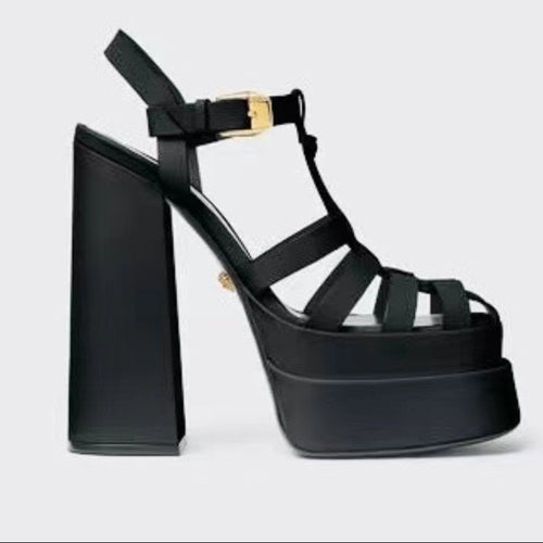 Ancient Energy summer thick high heels with fish mouth design, stylish European and US fashion footwear, black leather finish