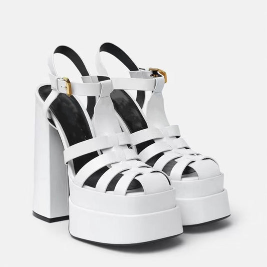 Ancient Energy summer thick high heels with fish mouth design, stylish European and US fashion footwear, close-up view