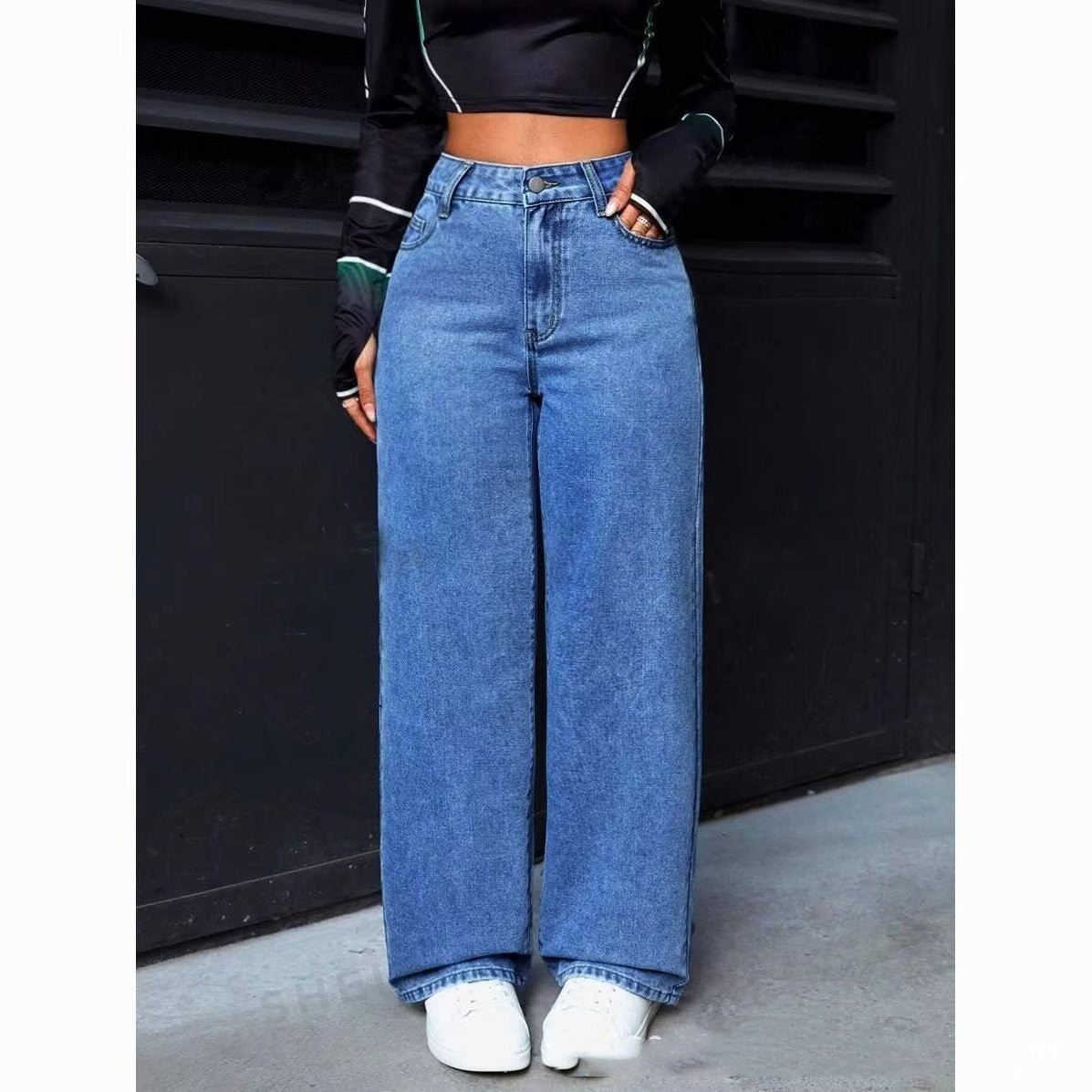 High-waist straight jeans for women by Ancient Energy in sweet and spicy style, featuring a classic denim look.