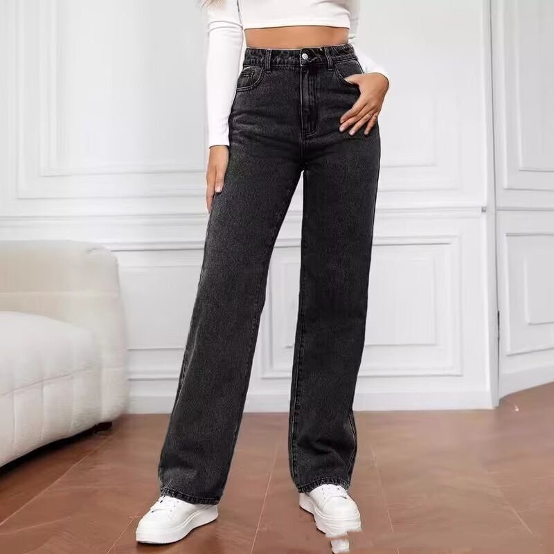 High waist straight jeans for women in sweet and spicy style by Ancient Energy, shown on a model with a casual pose.