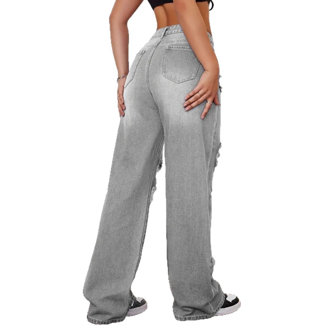 Women’s trendy washed ripped straight jeans by Ancient Energy featuring distressed details and a classic fit.